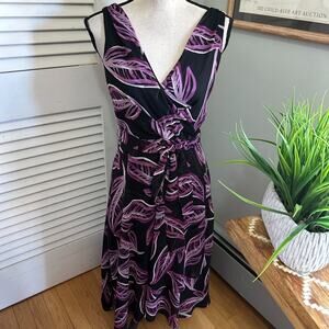 DKNY Dress 2 Chiffon Floral Purple Sleeveless Midi Retro Belted Classic Party